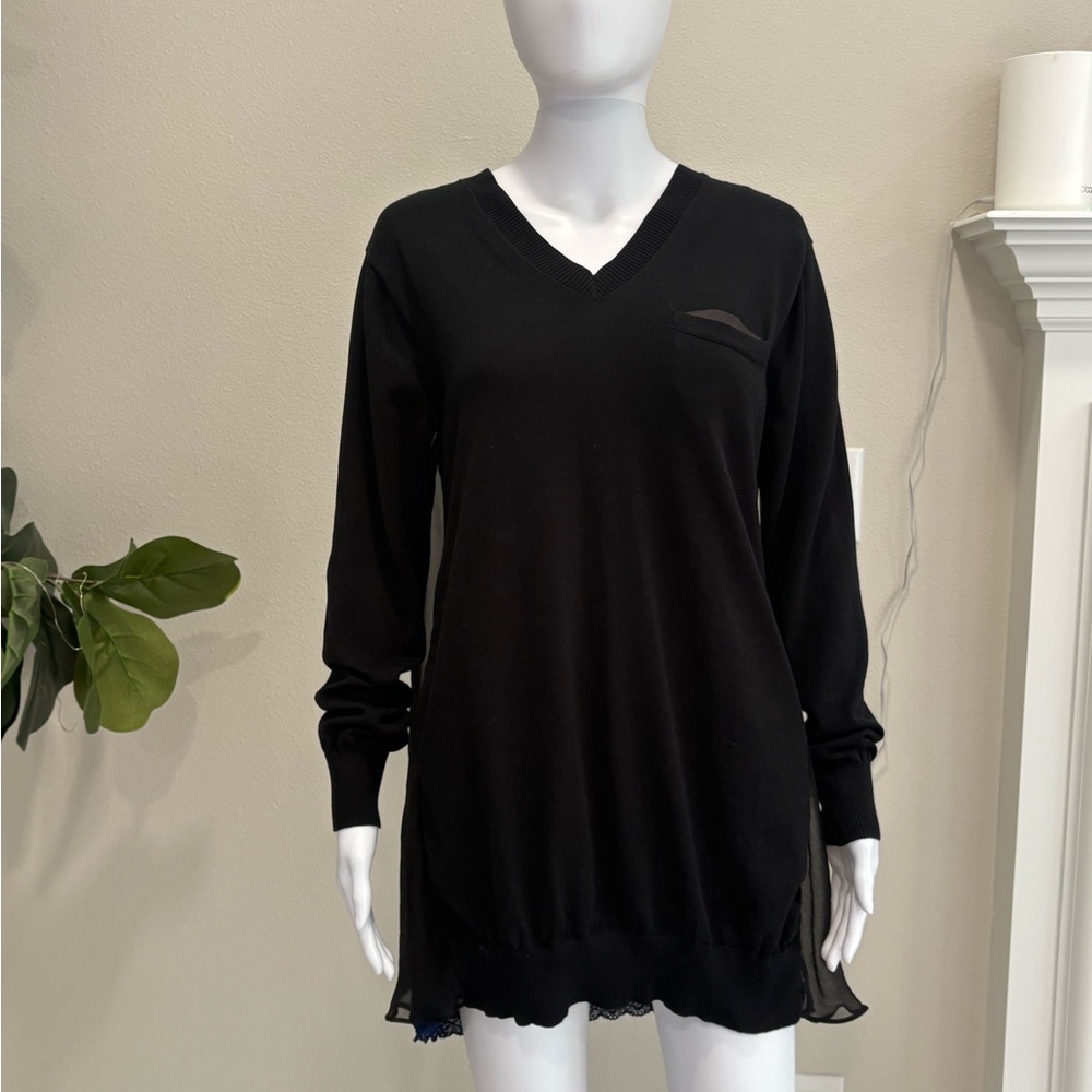 Sacai Luck Black Sheer Silk Mixed Tunic Sweater Dress Womens Size 2 M V-Neck - Picture 14 of 15